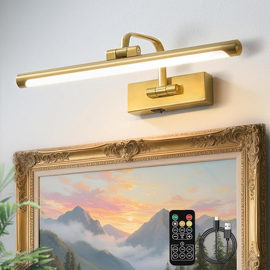 Picture Light for Wall,Gold 16 inch Rechargeable Art Battery Lights Wireless Remote and Timer,Dimmable Wall Sconce Battery LED Painting Light with 3 Color Temperatures for Gallery,Living Room,Hallway