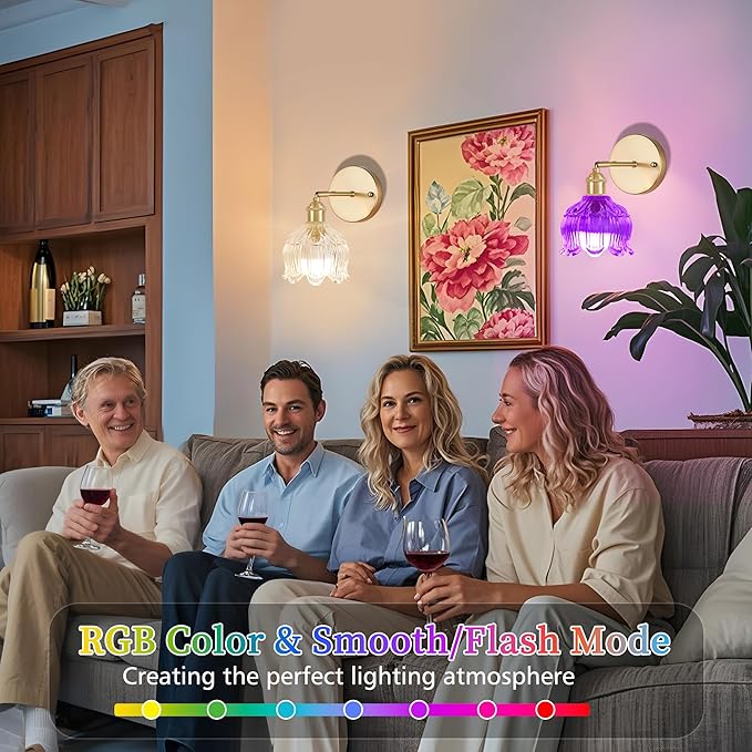 Battery Operated Wall Sconce with Remote Control,Vintage Wall Lamp with Flower lampshade,Rechargeable Battery Powered Wall Lights with 15 Colors for Beside Bedroom Living Room Doorway,Flower Clear