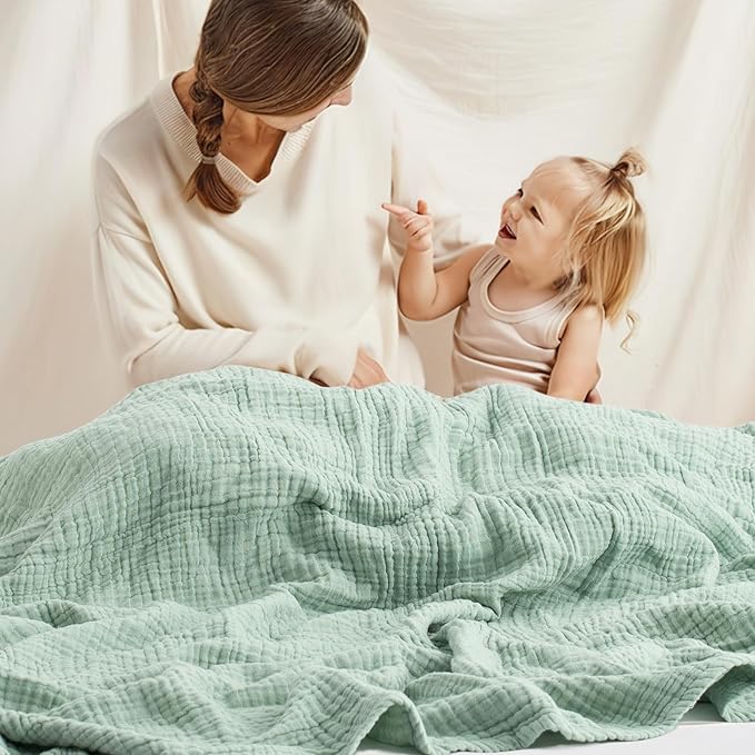 Carriediosa 100% Cotton Muslin Throw Blanket 70" X 80" Twin Size，4-Layers Summer Gauze Throws for Bed Couch，Soft Lightweight Breathable Linen Blankets Bedspread for Adults All Season，Sage Green