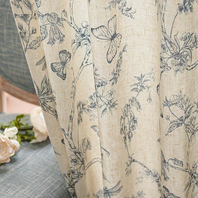 Lazzzy Blue Floral Curtains 84 Inch Length Linen Farmhouse Curtain Back Tab Drapes for Living Room Bedroom Light Filtering Vintage Rod Pocket Curtains, 2 Panels, Blue on Beige