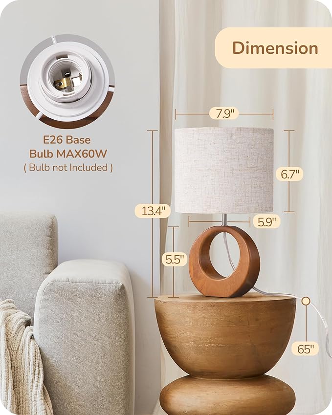 EDISHINE 13.4" Small Table Lamp, Wood Nightstand Lamp with Beige Linen Lampshade & ON-Off Switch, E26 Base, Boho Bedside Lamp for Living Room, Bedroom, Dark Pearwood