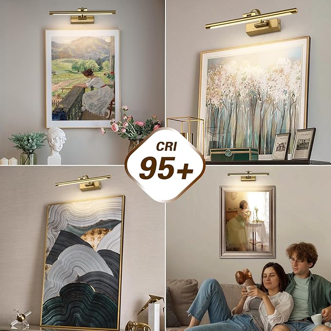 JUSHENG Wireless Picture Lights Battery Operated with Remote and Timer Brass Art Light with Swing Arm Rechargeable Gallery Lighting Artwork Lamp 15.75'' Inch 3W