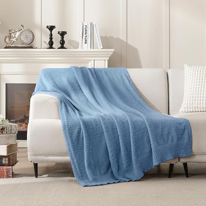 JOOJA Cozy Blue Knit Throw Blanket - Boucle Decorative Soft Fuzzy Throw Bed Blanket for Women Couch 50x60 Inches Dusty Blue