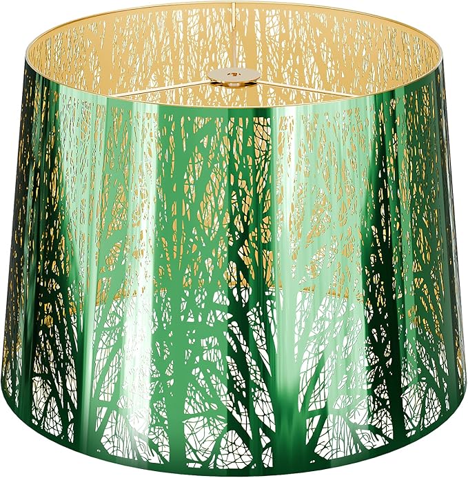 ALUCSET Stainless Steel Large Lampshade, Drum Lamp Shade 11" Top x 13" Bottom x 10" High, Large Lamp Shades for Table and Floor Lamps, Green Polished Etched Forest Replacement Shade, Spider Fitter