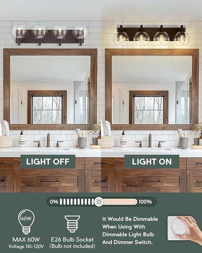Bathroom Light Fixtures Over Mirror, 4-Light Oil Rubbed Bronze Bathroom Vanity Light with Globe Clear Glass Shade, 26 Inch Modern Sconces Wall Lighting, VL195-ORB-4