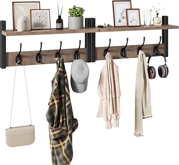 YMYNY Coat Rack Shelf Wall Mounted, Coat Hooks Set of 2, Entryway Coat Hanger with 8 Hooks, 31.5" Wall Floating Shelf with Hat Rack, for Kitchen, Bedroom, Bathroom, Silver Gray UHWS001Y-2