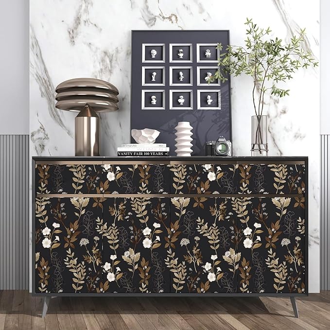 Black Floral Wallpaper Peel and Stick Gold Leaf Contact Paper Leaf Wallpaper Waterproof Self-Adhesive Wall Covering for Bedroom Countertop Desk Cabinets Decor 17.4" x 78"