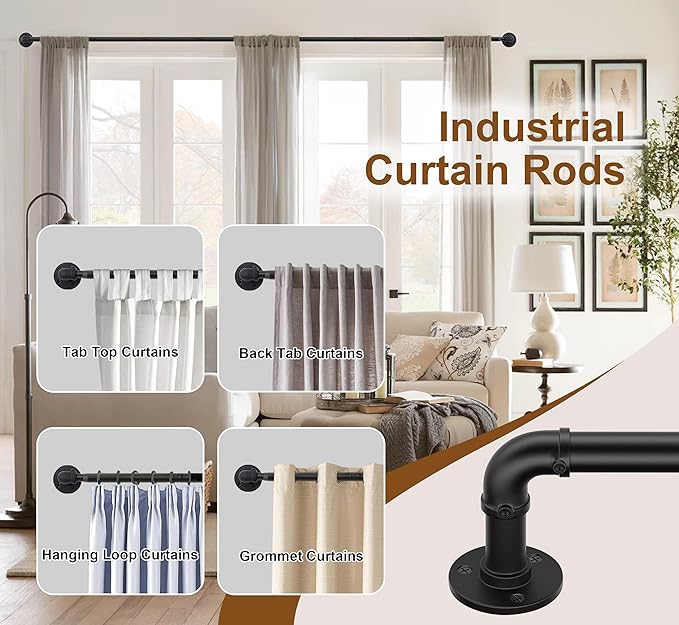 OEMQOBE Curtain Rods for Windows 16 to 72 Inches, Heavy Duty Industrial Curtain Rods 2 pack, Adjustable Wrap Around Blackout Curtains Rod, Black Drapery Rod, 1 Inch Indoor/Outdoor Drapery Pole