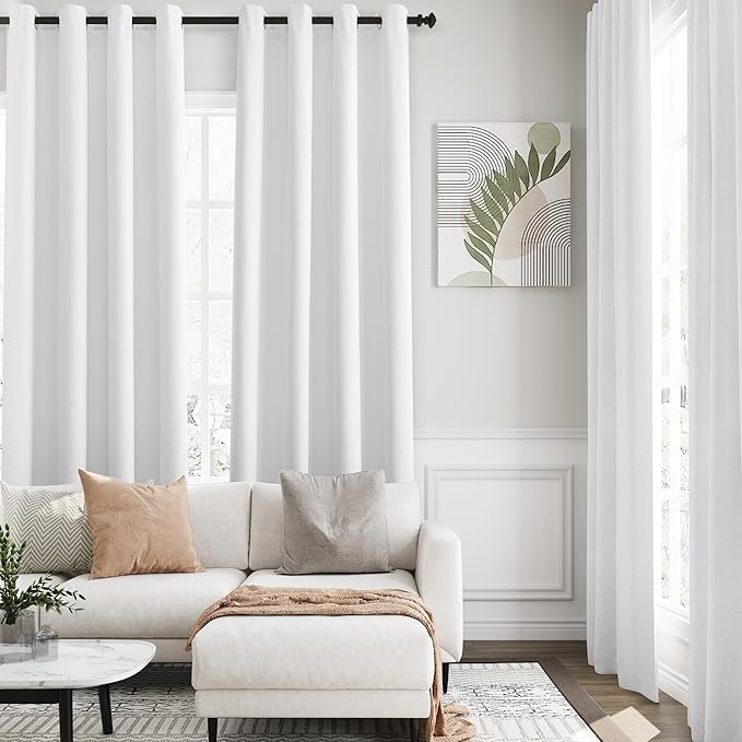 Pure White Linen Blackout Curtains 96 inches Long for Living Room Grommet White Black Out Bedroom Curtain Drapes Sound Dampening Modern Elegant Textured Room Darkening Curtain 96 Length 8 Ft