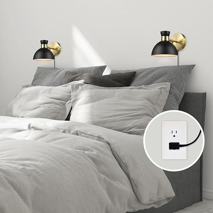 GLOBE Electric 65000100 1-Light Plug-in or Hardwire Wall Sconce, Matte Brass, Black Pivoting Metal Shade, 6ft Black Cord, in-Line Rocker Switch, Wall Lights for Living Room, Hanging Lamp