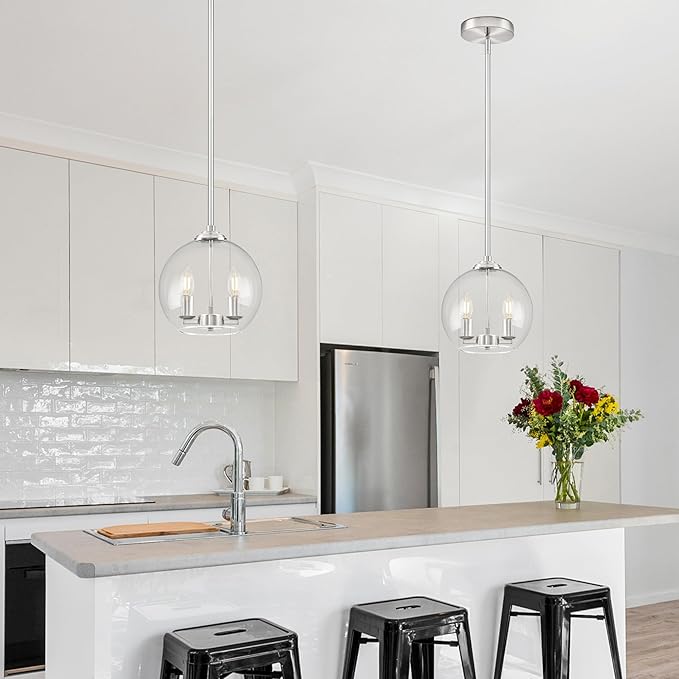 10" Globe Pendant Lights Kitchen Island Glass Globe Pendant Light Fixture Bedroom Mid Century Modern Pendant Lighting Nickel Pendant Light for Kitchen Island Dinning Room (Bulb Incl.)