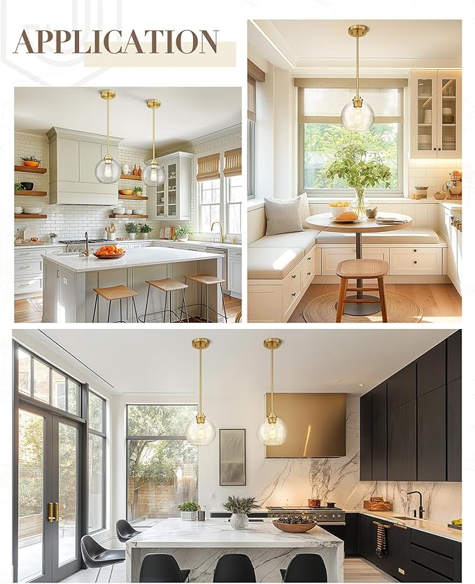 8 inch Modern Gold Pendant Light Fixtures, Mid Century Globe Pendant Lights with Clear Glass, 1 Light Hanging Lights for Kitchen Island, Bathroom, Dining Room (1 Pack), PL101BG-L