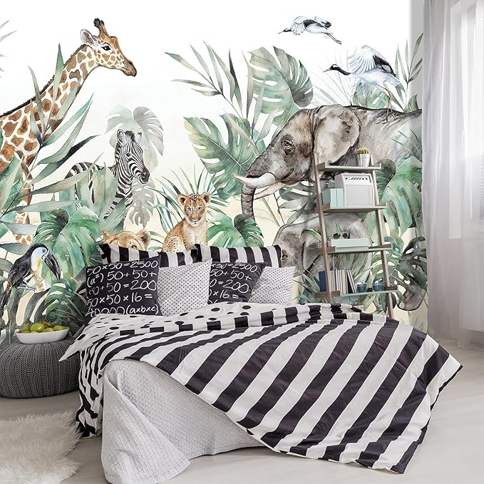 -Tropical Rainforest Plants Animals Tigers Fabric Wallpaper Jungle Plants Banana Leaves Boys Girls Kindergarten Children Bedroom Large Mural- 91"x65"（ not Peel and Stick）