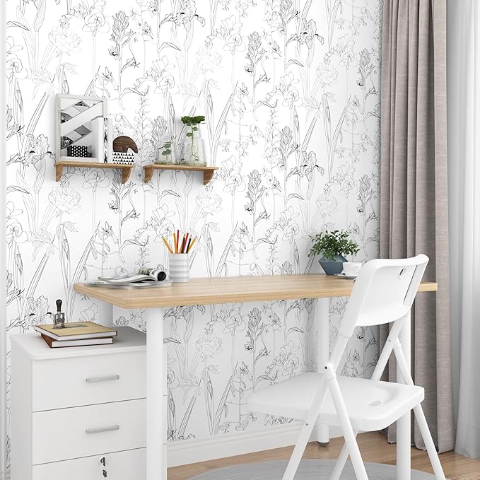 WESTICK Black White Floral Wallpaper Chinoiserie Sketch Floral Contact Paper Modern Iris Flower Peel and Stick Wallpaper for Bedroom Accent Walls Living Room Bathroom Laundry Room Cabinets 17.5"x100"