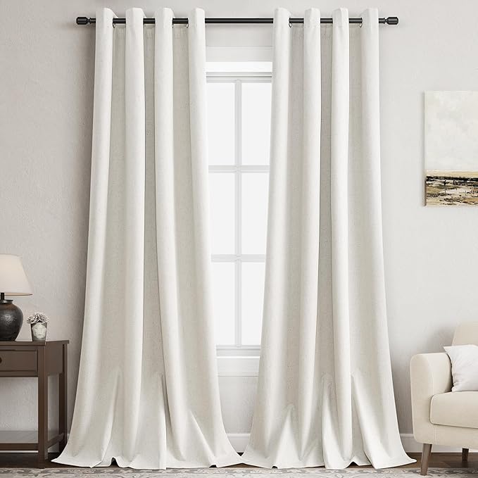 Grommet Full Blackout Linen Curtains 120 Inches Long 2 Panel Set Neutral Cream Blackout Drapes for Bedroom Modern Farmhouse Thermal Insulated Black Out Curtain 120 Inch Length with White Backing