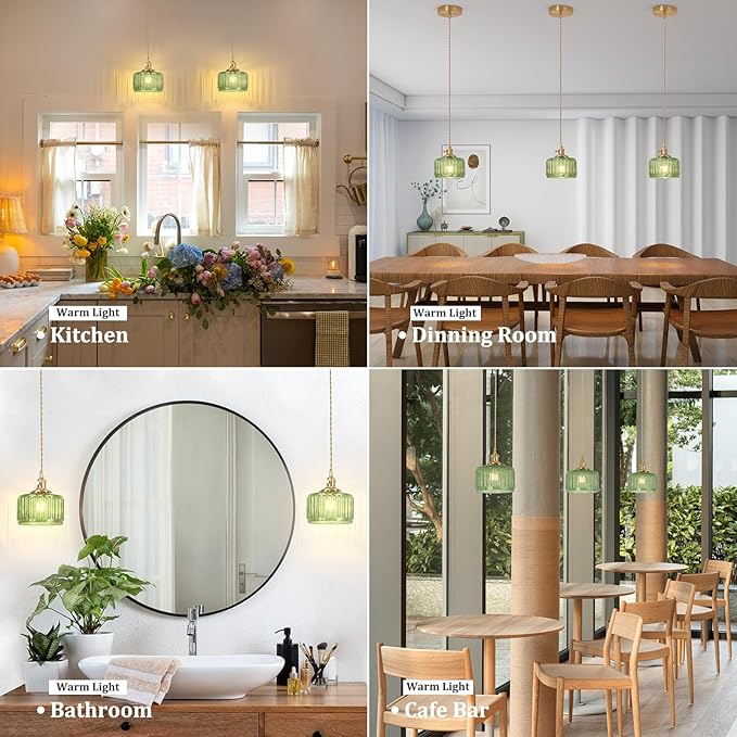 Pendant Light 2 Pack with Green Striped Glass Lmapshade, Brass Vintage Pendant Light Adjustable Hanging Light for Kitchen Island Dining Room Hallway