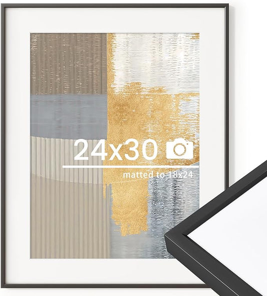 24x30 inch Metal Poster Frame - 24 x 30 Thin Aluminum Picture Frames Matted for 18x24 Photos, Artworks, Prints, Puzzle - High Definition Plexiglass - Vertical and Horizontal Display - Wall Hook Hanging Hardware Included - Black, Set of 1