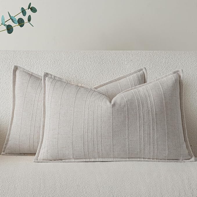 a moment Linen Pillow Covers Set of 2,Boho Farmhouse Throw Pillowcases Neutral Textured Decorative Covers for Couch Sofa Bed, Soft Linen Blend Accent Case Cushion Living Room Home Decor 20"x12"Ivory