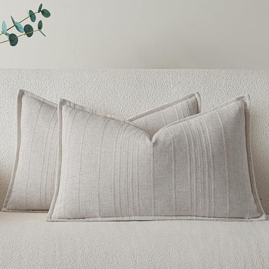 a moment Linen Pillow Covers Set of 2,Boho Farmhouse Throw Pillowcases Neutral Textured Decorative Covers for Couch Sofa Bed, Soft Linen Blend Accent Case Cushion Living Room Home Decor 20"x12"Ivory