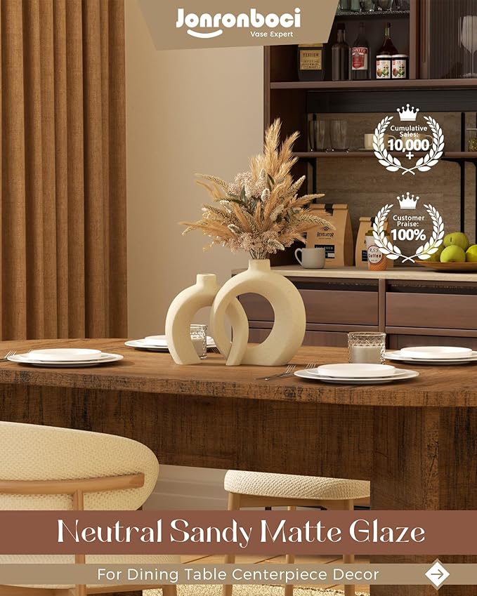 Embrace Donut Vase for Decor, Set of 2 - Modern Design, Boho Style, Beige Natural Ceramic, Decorative Vases for Flower - Home Decor Aesthetic — 7.2" X 8.9" H (Matte Cream White)