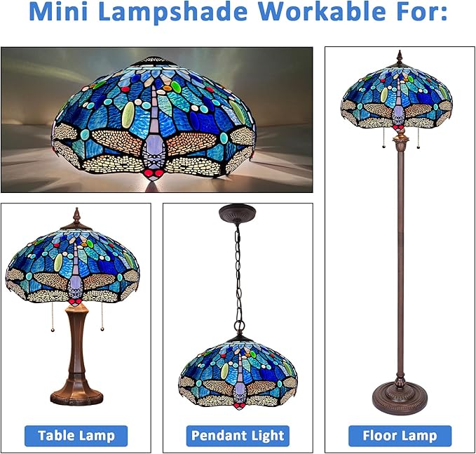 Capulina Tiffany Lamp Shade 16 Inches Wide Accessories Replacement Blue Dragonfly Style Stained Glass Lampshade for Table Lamp Floor Lamp Pendant Light