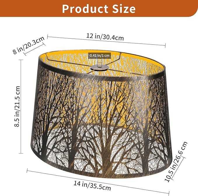 Metal Lamp Shade, Large Lampshade for Table Floor Lamps, (12×8)'' Top×(14×10.5)'' Bottom×8.5" Height Oval Shade, Etched Forest Gothic Style Replacement Lamp Shade(Spider), Bronze Gold