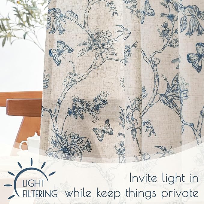 Lazzzy Farmhouse Lined Linen Blue Floral Curtains 96 Inch Long Back Tab Drapes for Living Room Bedroom Light Filtering Country Vintage Rod Pocket, 2 Panels, Blue on Beige