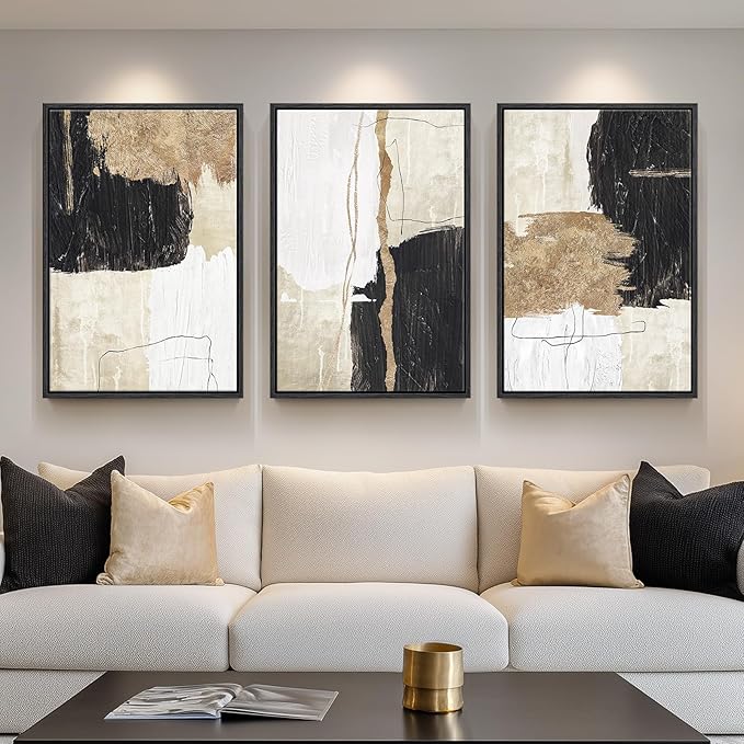 Framed Black and White Abstract Wall Art for Living Room, 3 Piece Large Canvas Modern Picture Artworks, Minimalist Black Gold Painting Prints for Dining Room Hallway Home Office Wall Decor, 24x36 Inch