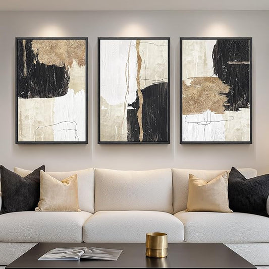 Framed Black and White Abstract Wall Art for Living Room, 3 Piece Large Canvas Modern Picture Artworks, Minimalist Black Gold Painting Prints for Dining Room Hallway Home Office Wall Decor, 24x36 Inch