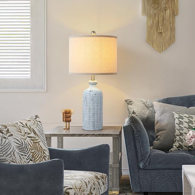 Living Room Lamps Set of 2, 25.8" Ceramic Table Lamps for Bedrooms with Linen Shade, Modern Farmhouse Lamps for Nightstand with Rotary Switch
