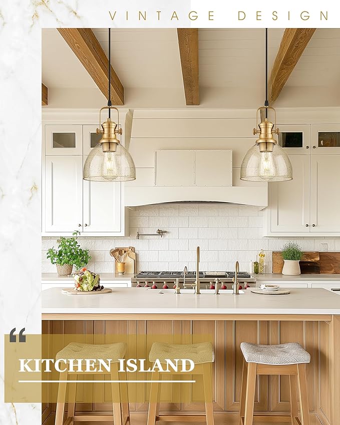 Pendant Lights Kitchen Island, 7.5" Farmhouse Pendant Lighting with Amber Seeded Glass Shade, Vintage Hanging Light Fixtures for Dining Room, Brushed Gold, AD-22151-1P-GD-OR