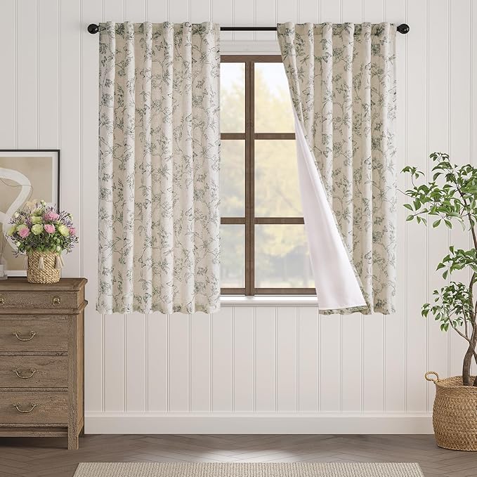 Lazzzy Lined Linen Farmhouse Grey Floral Curtains 63 Inch Length Back Tab Drapes for Living Room Bedroom Light Filtering Country Vintage Rod Pocket, 2 Panels, Gray on Beige