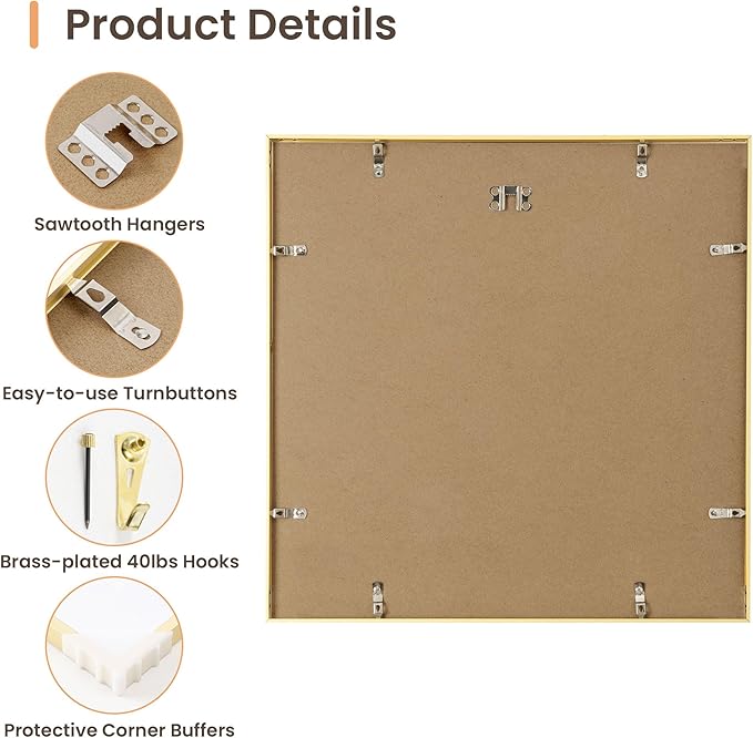 Aluminum 16x16 Picture Frame Golden, Metal Photo Frames with Mat for 12x12 Photo or Without Mat for 16x16 Photo, Metal Poster Frame Sawtooth Hanger for Easy Wall Display, set of 1