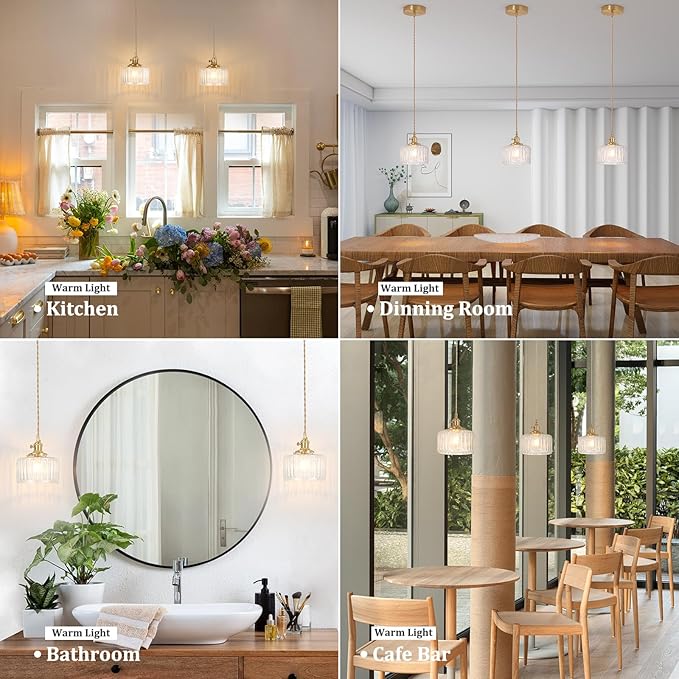 Pendant Light 2 Pack with Clear Striped Glass Lmapshade, Brass Vintage Pendant Light Adjustable Hanging Light for Kitchen Island Dining Room Hallway