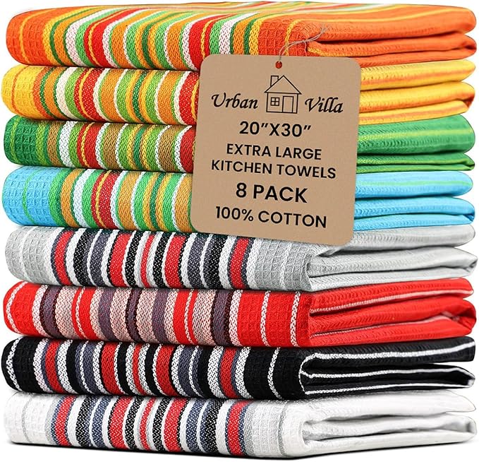 Urban Villa Kitchen Towels, Premium Quality, Cotton Dish Towels,Mitered Corners,Ultra Soft (Size: 20X30 in),Multi Color Waffle Stripes, Highly Absorbent Bar Towels & Tea Towels - (Set of 8)
