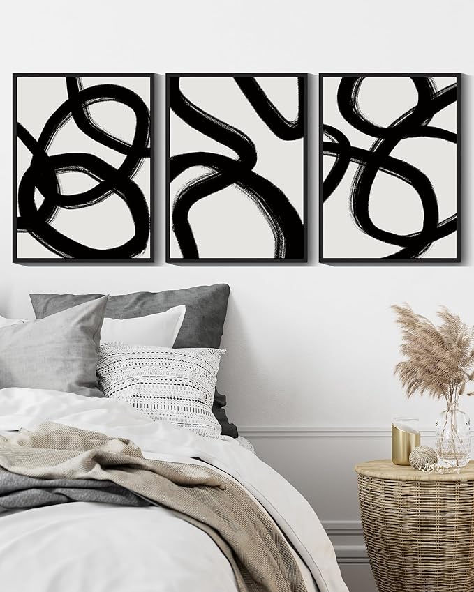 KUVIOKE Black and Wahite Abstract Framed Wall Art Ink Wash Minimalist Lines Painting Artwork for Bedroom Hallway 12x16in (Black Framed)