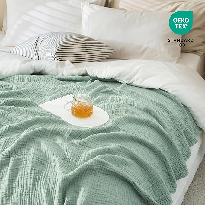 Carriediosa 100% Cotton Muslin Throw Blanket 70" X 80" Twin Size，4-Layers Summer Gauze Throws for Bed Couch，Soft Lightweight Breathable Linen Blankets Bedspread for Adults All Season，Sage Green
