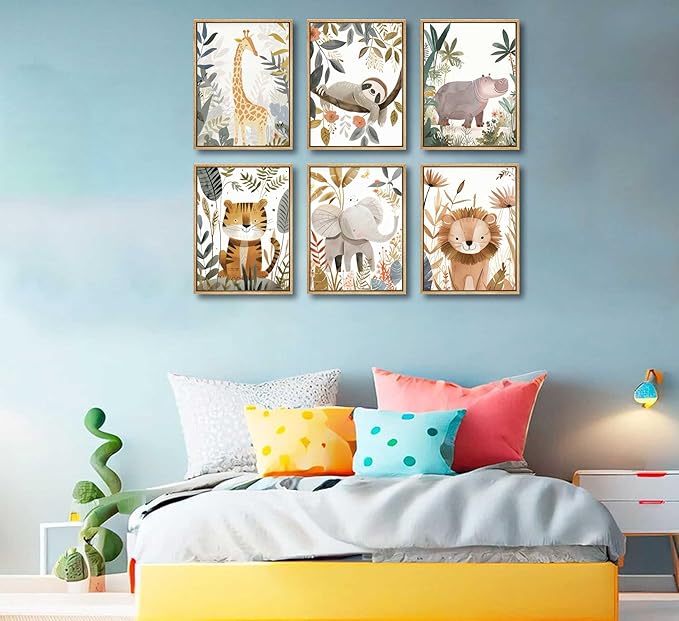 6Pcs Boho Baby Animals Wall Art Jungle Safari Canvas Paintings Cute Giraffe Elephant Lion Wall Decor Prints Inspirational Forest Animals Posters Pictures for Nursery kids Boys Bedroom Unframed