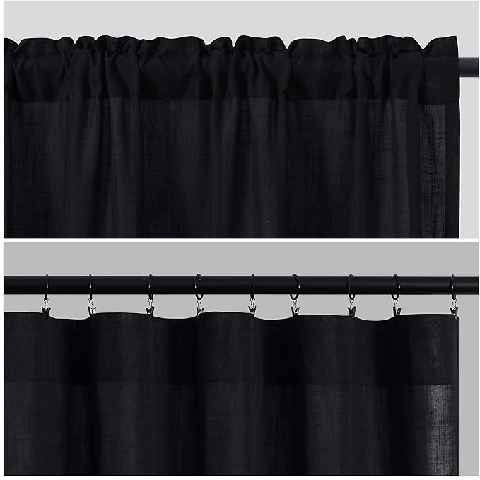 Guken Black Linen Curtains 120 Inch Length for Living Room Bedroom 2 Panels Set Rod Pocket Light Filtering Semi Sheer Window Curtains 52 Inch Width Boho Farmhouse Linen Drapes, W52xL120