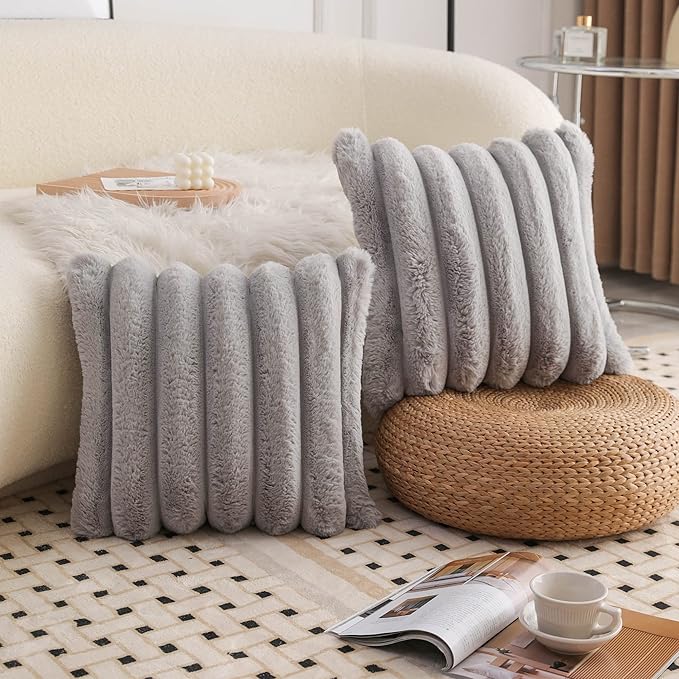 Neelvin Grey Faux Fur Cozy Soft Striped Decorative Throw Pillow Covers 26x26 inch Set of 2,Velvet Pillowcase Cushion Case for Sofa Couch