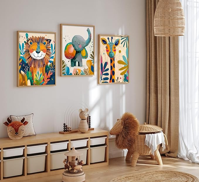 3Pcs Safari Animal Nursery Canvas Wall Art Cute Watercolor Elephant Giraffe Lion Pictures Wall Decor Colorful Jungle Animals Posters Painting Prints for Kids Room Baby Boys and Girls Room, Unframed