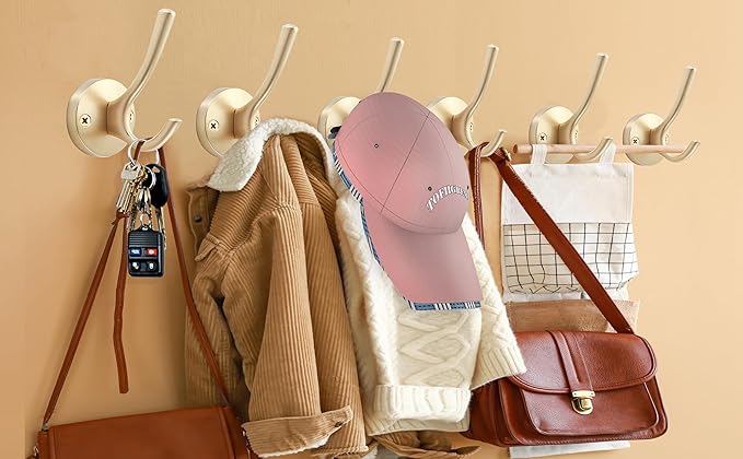 Gold Wall Hooks, 6 Pack Coat Robe Hook Heavy Duty Metal Double Bath Hook Wall Mounted, Hand Towel Hooks for Cubicle Bathroom Kitchen Closet Garage