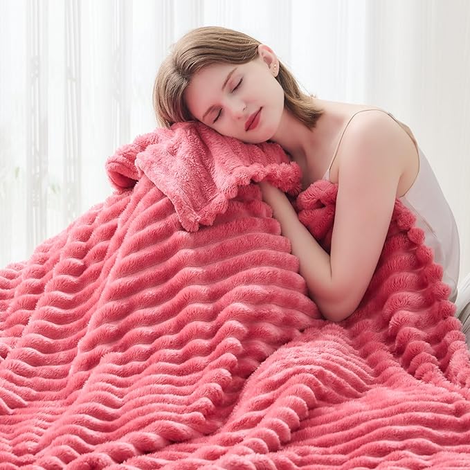 NEWCOSPLAY Super Soft Throw Blanket Coral Pink Premium Silky Flannel Fleece 3D Ribbed Jacquard Lightweight Bed Blanket All Season Use (Coral Pink Ribbed, Throw(50"x60"))