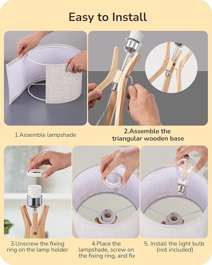 EDISHINE Tripod Table Lamp, 17.5" Modern Bedside Lamp with Natural Wood-Colored Lamp Legs & Beige Linen Lampshade, Boho Nightstand Lamp for Bedroom, Living Room, Reading Room, E26 Base