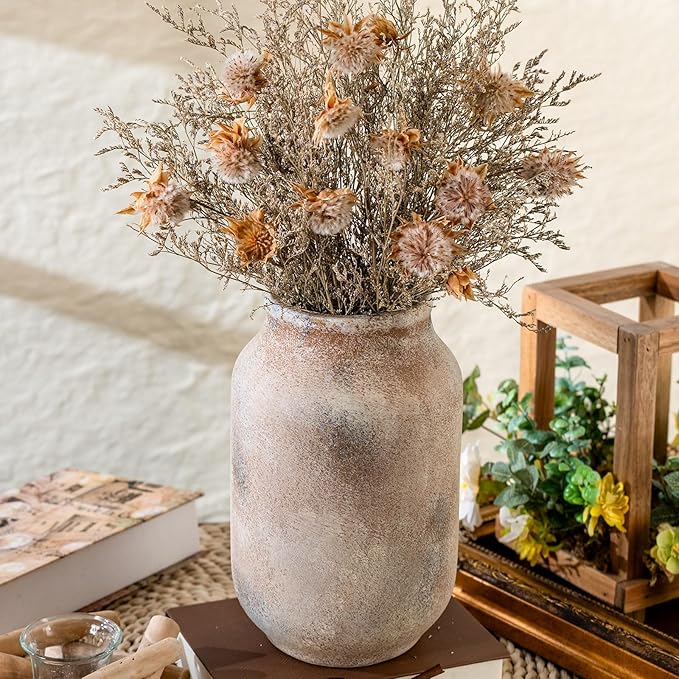 Rustic Ceramic Farmhouse Flower Large Vase, Whitewashed Terra Cotta Vase, Pottery Decorative Flower for Home Decor, Table, Living Room Decoration, Shelf Decor, Mantel, 9.5 Inch, Terra