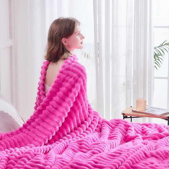 NEWCOSPLAY Super Soft Throw Blanket Hot Pink Premium Silky Flannel Fleece 3D Ribbed Jacquard Lightweight Bed Blanket All Season Use (Hot Pink Ribbed, Throw(50"x60"))