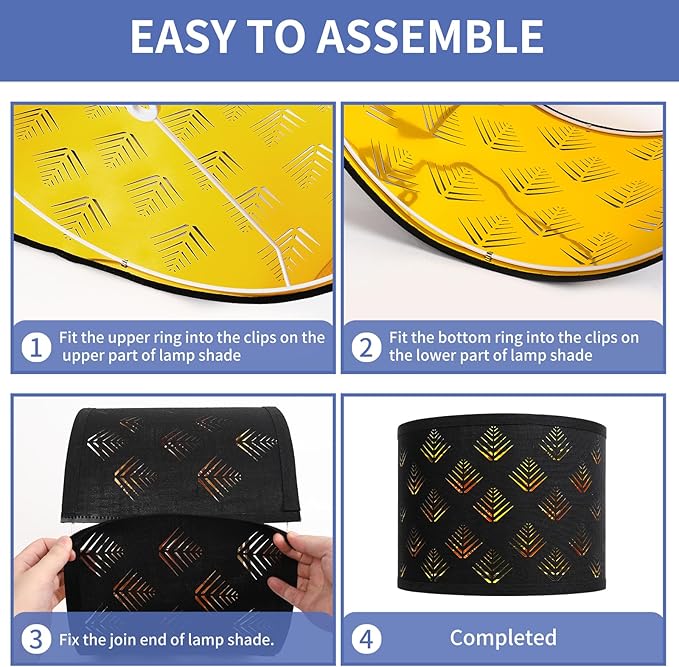 Lamp Shades Set of 2, Drum Lampshades with Leaf Design, 13" Top x 13" Bottom x 10" High (Spider) Modern Linen Lamp Shades for Table Lamp & Bedside Lamp, Assembly Required Black Lampshades Replacement