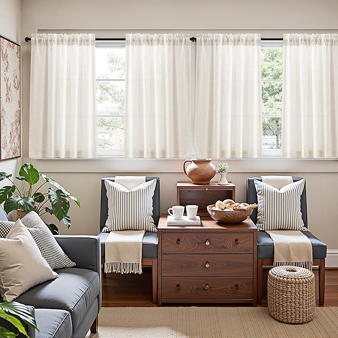 Guken Linen Kitchen Curtains 30 Inch Length 2 Panels Set,Rod Pocket Boho Farmhouse Curtians for Small Windows Light Filtering Semi Sheer Cafe Basement Front Door, 36" Wx30 L Natural