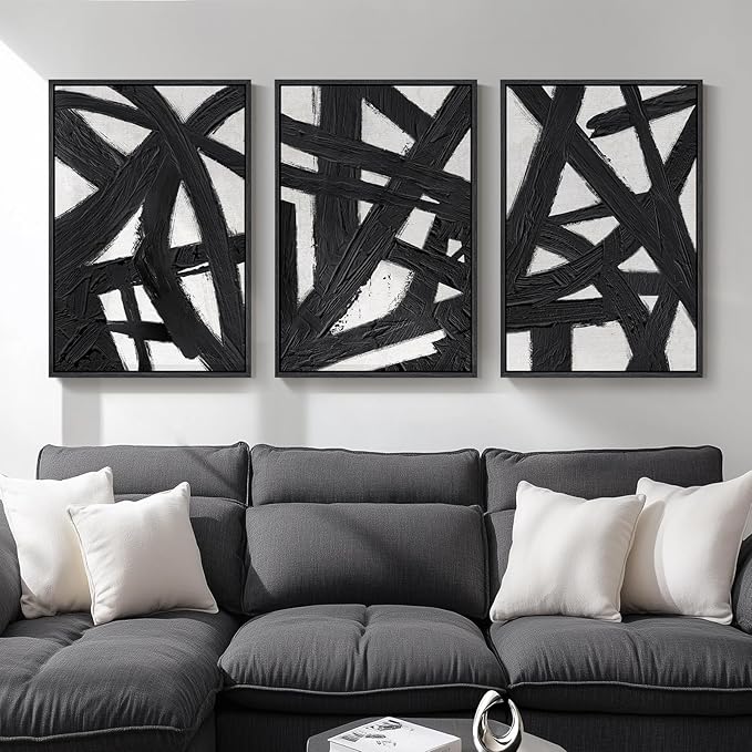 Framed Black and White Abstract Wall Art for Living Room, 3 Piece Modern Canvas Prints Artwork for Walls, Large Minimalist Lines Paintings for Bedroom, Kitchen, Office, Hallway Wall Decor, 24x36 Inch