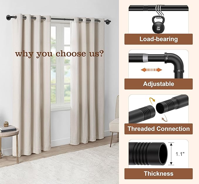 OEMQOBE Curtain Rods for Windows 16 to 74 Inches, Heavy Duty Industrial Curtain Rods 2 pack, Adjustable Wrap Around Blackout Curtains Rod, Black 1 Inch Indoor/Outdoor Curtains Rod
